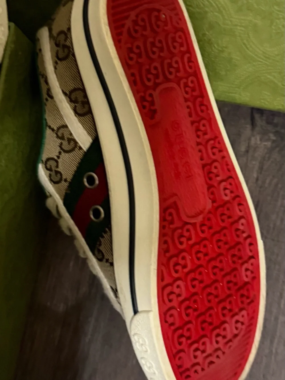 Gucci Beige GG Canvas Sneaker with Red & Green Stripe